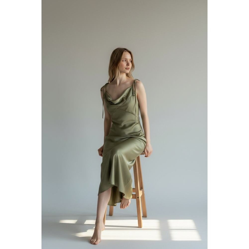 &merci Satin Cowl Neck Slip Midi Dress Size M in Olive Green NWOT - Picture 2 of 8